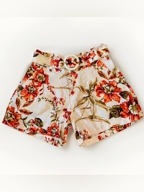 Joie Women Sz US 6 Linen Floral Belted Shorts Orange Beige High Rise Pocketed